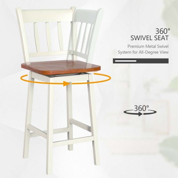 2 Pcs 24.5" Rubber Wood Vintage Bar Chairs 360 Degree Swivel Bar Stools with Back & Footrest