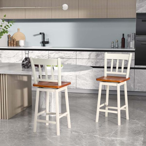 2 Pcs 24.5" Rubber Wood Vintage Bar Chairs 360 Degree Swivel Bar Stools with Back & Footrest