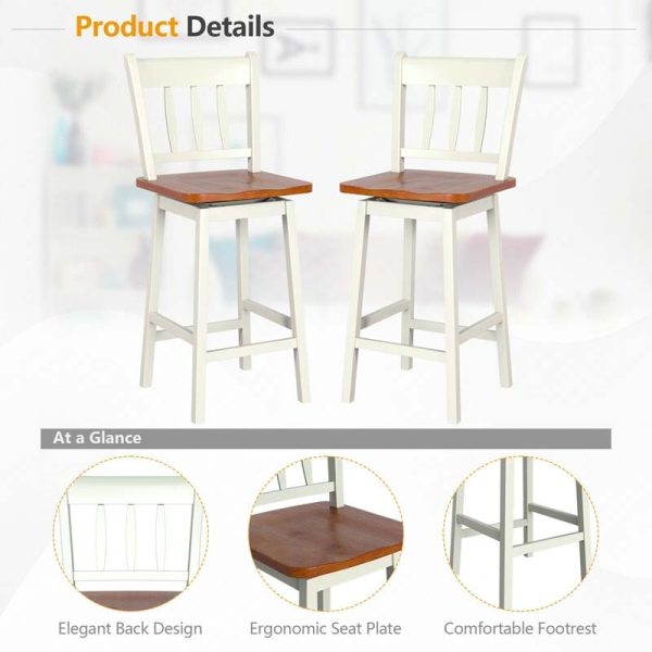 2 Pcs 24.5" Rubber Wood Vintage Bar Chairs 360 Degree Swivel Bar Stools with Back & Footrest