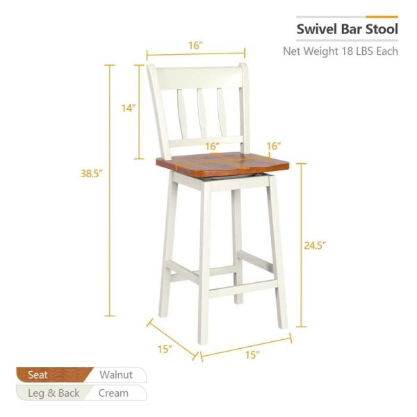 2 Pcs 24.5" Rubber Wood Vintage Bar Chairs 360 Degree Swivel Bar Stools with Back & Footrest