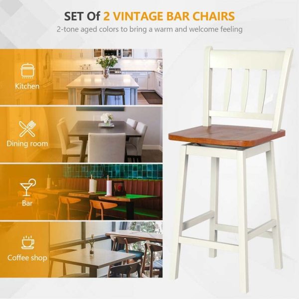 2 Pcs 24.5" Rubber Wood Vintage Bar Chairs 360 Degree Swivel Bar Stools with Back & Footrest