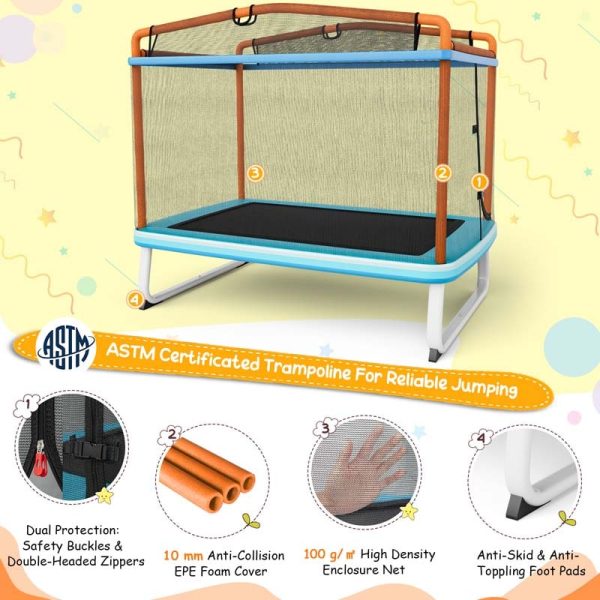 3-in-1 6Ft Rectangle Kids Trampoline with Swing & Horizontal Bar, ASTM Approved Small Trampoline w/Safety Net