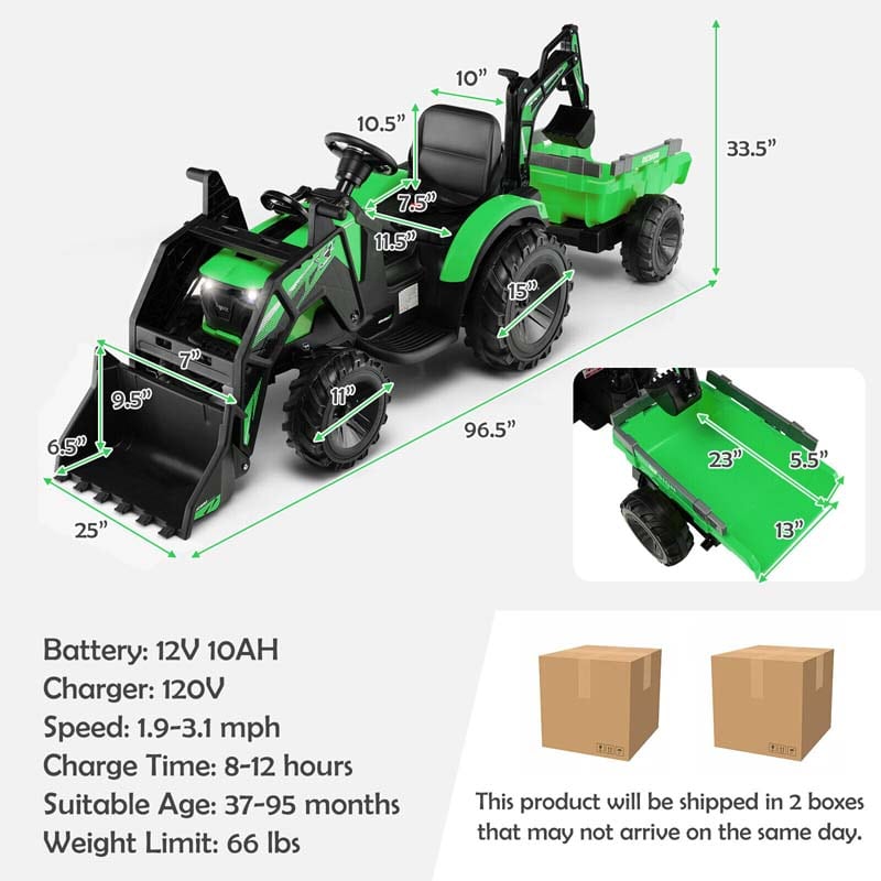 Eletriclife 3-in-1 Kids Ride On Excavator Bulldozer 12V Electric Tractor with Trailer