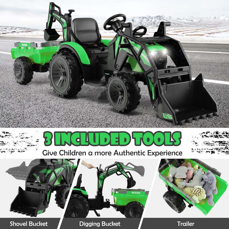 Eletriclife 3-in-1 Kids Ride On Excavator Bulldozer 12V Electric Tractor with Trailer