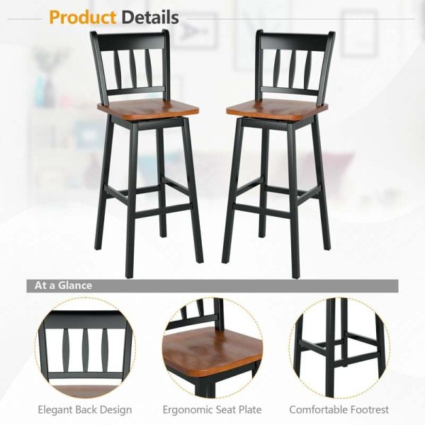 2 Pcs 30.5" Rubber Wood Vintage Bar Chairs 360 Degree Swivel Bar Stools with Back & Footrest