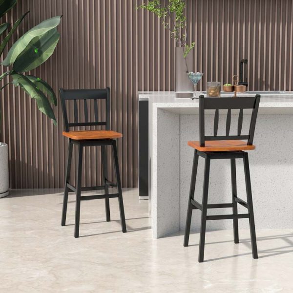 2 Pcs 30.5" Rubber Wood Vintage Bar Chairs 360 Degree Swivel Bar Stools with Back & Footrest