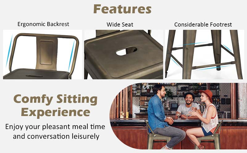 Eletriclife 30 Inch Set of 4 Vintage Metal Bar Stool with Removable Middle Back