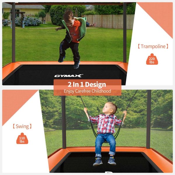6 FT Kids Trampoline with Swing & Enclosure Safety Net, ASTM Approved Toddler Rectangle Trampoline for 3-8 Year Old