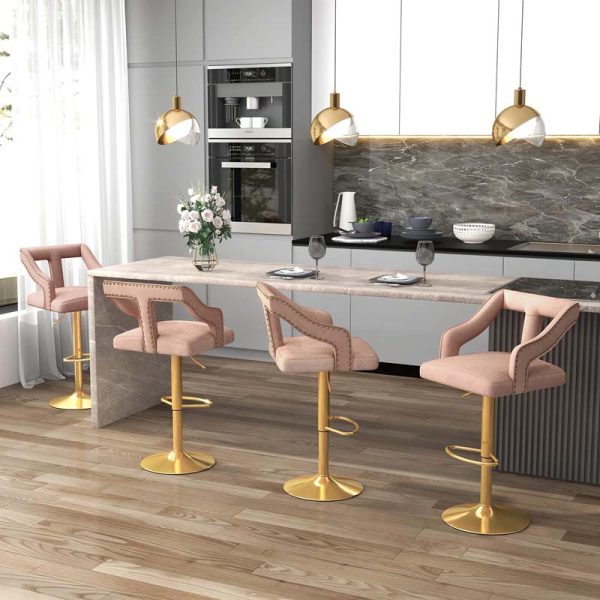 Dutch Velvet Dining Barstools for Kitchen Island, Counter Height Swivel Bar Chairs with Back and 2-Layer Electroplated Metal Base