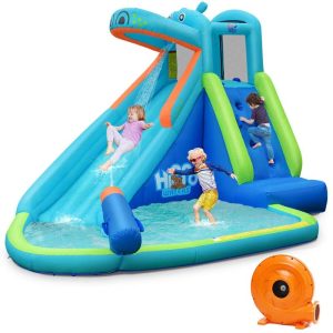 5-in-1 Hippo Theme Inflatable Water Slide, Bounce House Water Park with Slide, Splash Pool, Climbing, Water Cannon & 740W Blower for Kids Backyard Fun