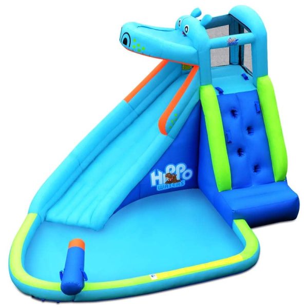 5-in-1 Hippo Theme Inflatable Water Slide, Bounce House Water Park with Slide, Splash Pool, Climbing, Water Cannon & 740W Blower for Kids Backyard Fun