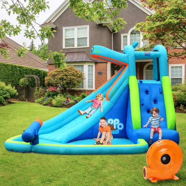 5-in-1 Hippo Theme Inflatable Water Slide, Bounce House Water Park with Slide, Splash Pool, Climbing, Water Cannon & 740W Blower for Kids Backyard Fun