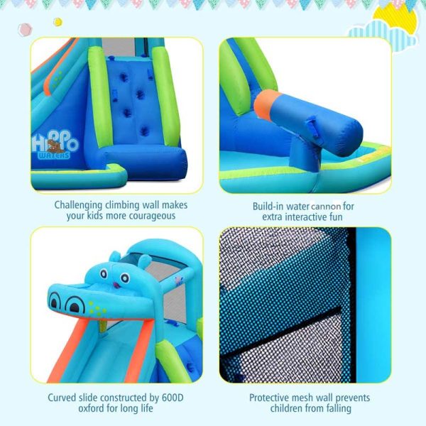 5-in-1 Hippo Theme Inflatable Water Slide, Bounce House Water Park with Slide, Splash Pool, Climbing, Water Cannon & 740W Blower for Kids Backyard Fun