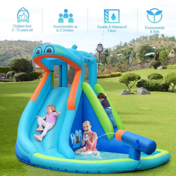 5-in-1 Hippo Theme Inflatable Water Slide, Bounce House Water Park with Slide, Splash Pool, Climbing, Water Cannon & 740W Blower for Kids Backyard Fun