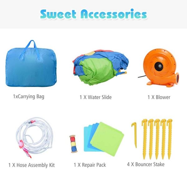 5-in-1 Hippo Theme Inflatable Water Slide, Bounce House Water Park with Slide, Splash Pool, Climbing, Water Cannon & 740W Blower for Kids Backyard Fun