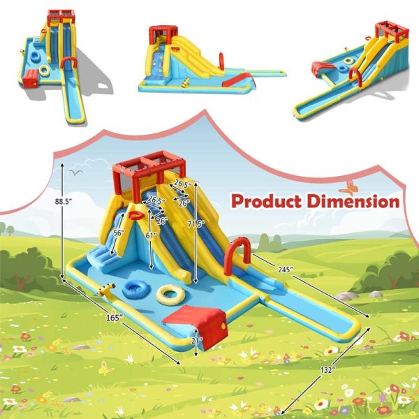 Inflatable Dual Long Slide Giant Water Park Climbing Bouncer with 735W Air Blower, Outdoor Blow up Kids Mega Waterslide for Backyard