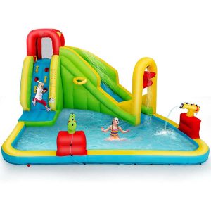 7-in-1 Kids Long Slide Water Park Inflatable Bounce House with Climbing Wall, Splash Pool, Basketball Rim, Water Cannons
