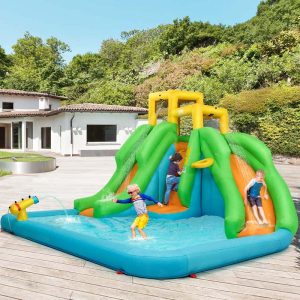 6-in-1 Dual Water Slide Kids Inflatable Bounce House Giant Water Park with Climbing Wall, Splash Pool, Water Cannon