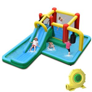 6-in-1 Inflatable Water Slide with 735W Blower, Outdoor Giant Jumping Water Bounce House Water Park w/Splash Pool, Pendulum
