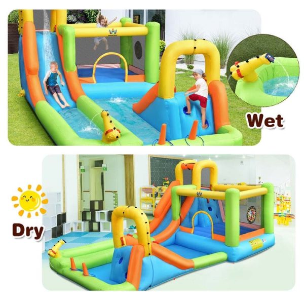 8-in-1 Giant Water Park Bounce House Inflatable Water Slide with Trampoline, Climbing Wall, Splash Pool, 735W Air Blower
