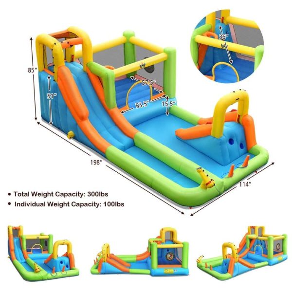 8-in-1 Giant Water Park Bounce House Inflatable Water Slide with Trampoline, Climbing Wall, Splash Pool, 735W Air Blower