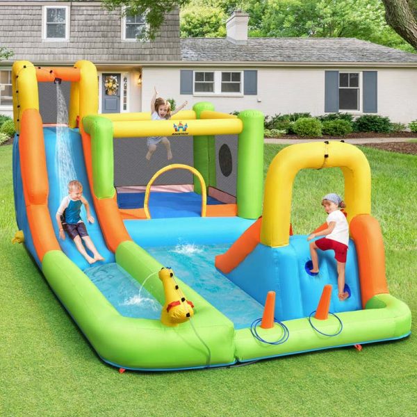 8-in-1 Giant Water Park Bounce House Inflatable Water Slide with Trampoline, Climbing Wall, Splash Pool, 735W Air Blower