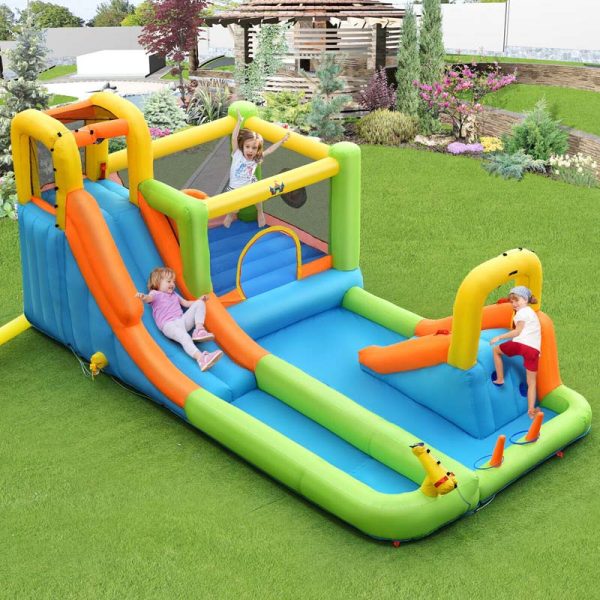 8-in-1 Giant Water Park Bounce House Inflatable Water Slide with Trampoline, Climbing Wall, Splash Pool, 735W Air Blower