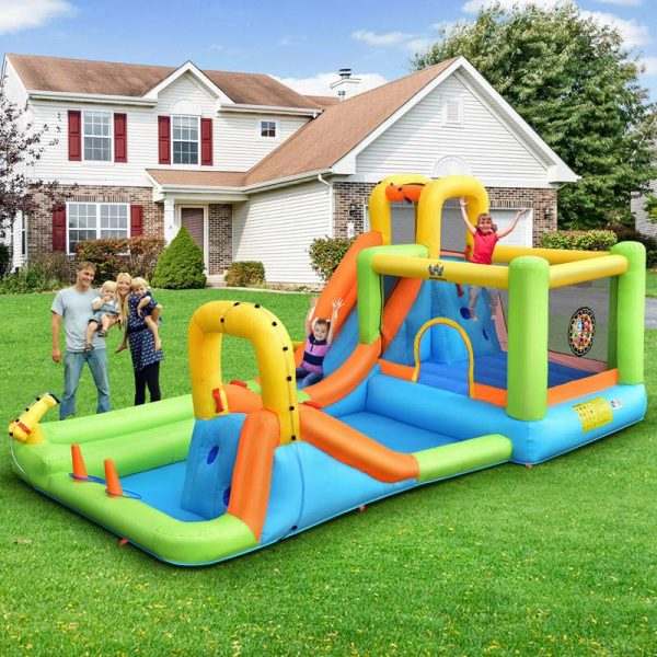 8-in-1 Giant Water Park Bounce House Inflatable Water Slide with Trampoline, Climbing Wall, Splash Pool, 735W Air Blower