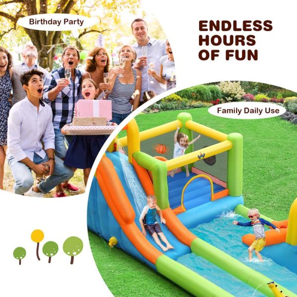 8-in-1 Giant Water Park Bounce House Inflatable Water Slide with Trampoline, Climbing Wall, Splash Pool, 735W Air Blower