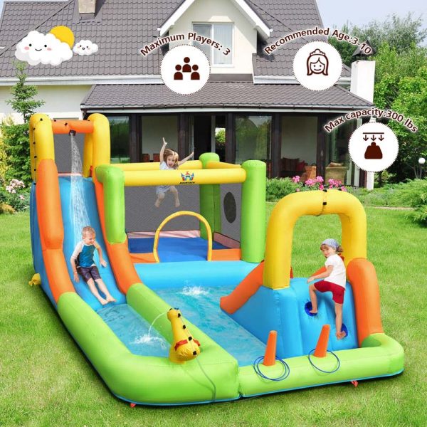 8-in-1 Giant Water Park Bounce House Inflatable Water Slide with Trampoline, Climbing Wall, Splash Pool, 735W Air Blower
