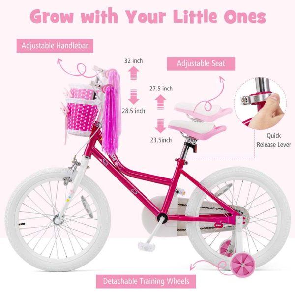 18" Kids Bike with Removable Training Wheels, Adjustable Seat, Steel Frame & Brake, Kids Bicycle for 4-9 Years Old Toddler Girls Boys