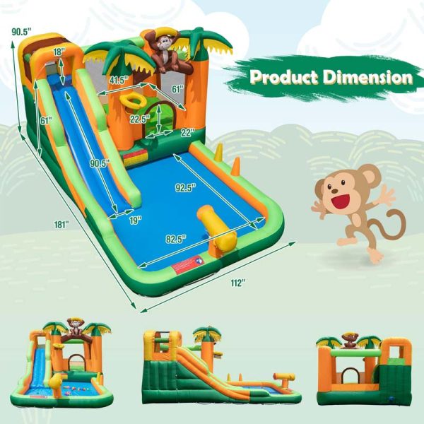 7-in-1 Inflatable Monkey Water Park Blow up Water Bounce House Outdoor with Long Waterslide, Splash Pool, 680W Blower