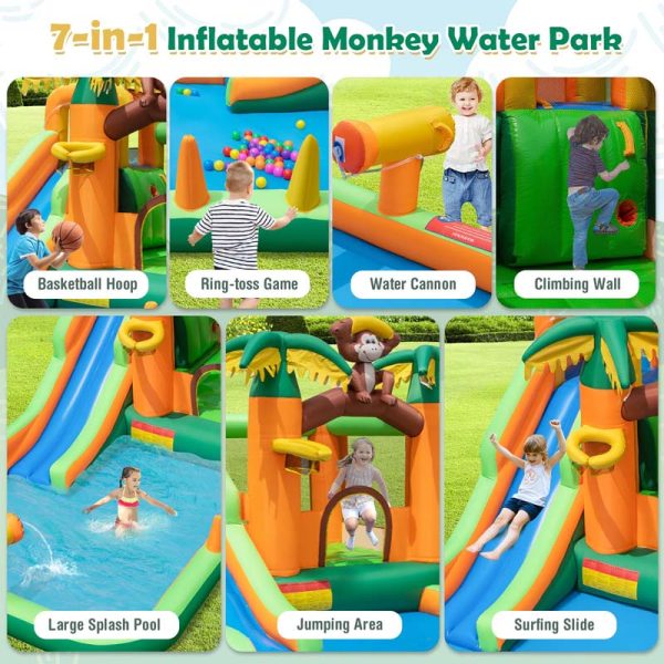 7-in-1 Inflatable Monkey Water Park Blow up Water Bounce House Outdoor with Long Waterslide, Splash Pool, 680W Blower