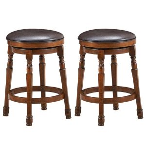 2-Pack 24" Backless Swivel Bar Stools, Solid Wood Leather Counter Height Dining Chairs for Kitchen Pub Cafe