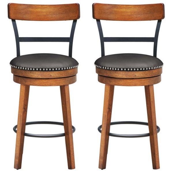 2-Pack 25.5" Wooden Swivel Bar Stools Counter Height Pub Kitchen Dining Chairs with Leather Padded Seat