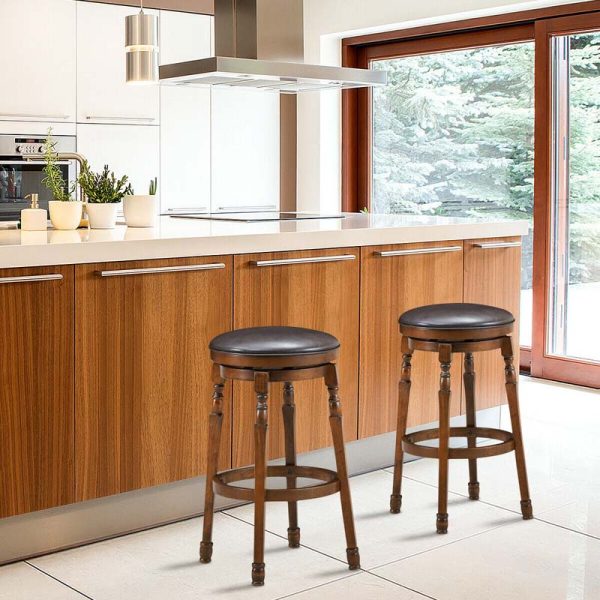 2-Pack 29" Backless Swivel Bar Stools, Solid Wood Leather Counter Height Dining Chairs for Kitchen Pub Cafe