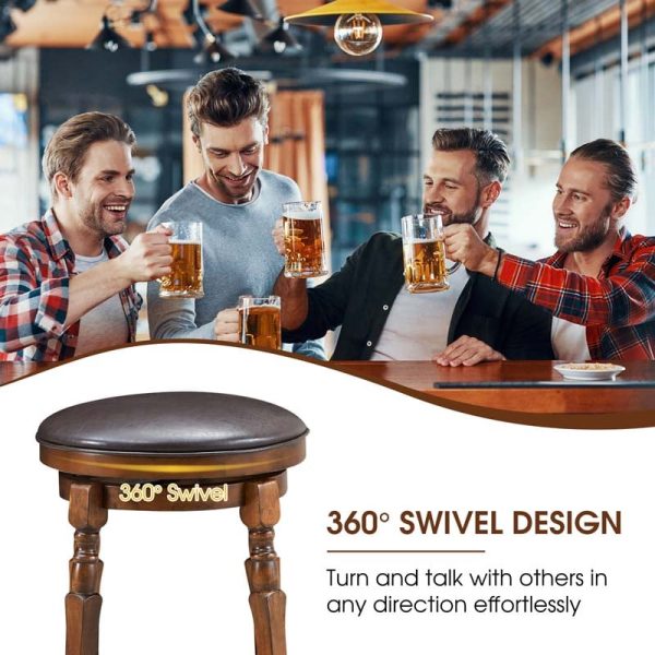 2-Pack 29" Backless Swivel Bar Stools, Solid Wood Leather Counter Height Dining Chairs for Kitchen Pub Cafe