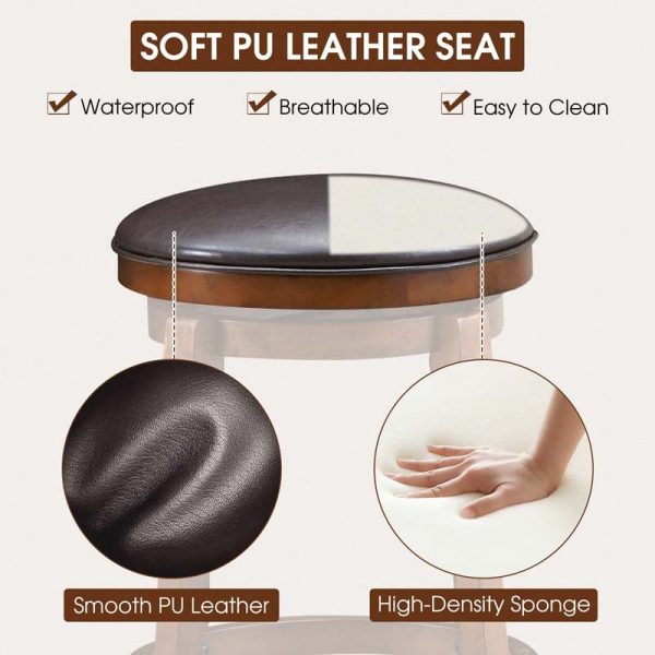 2-Pack 29" Backless Swivel Bar Stools, Solid Wood Leather Counter Height Dining Chairs for Kitchen Pub Cafe