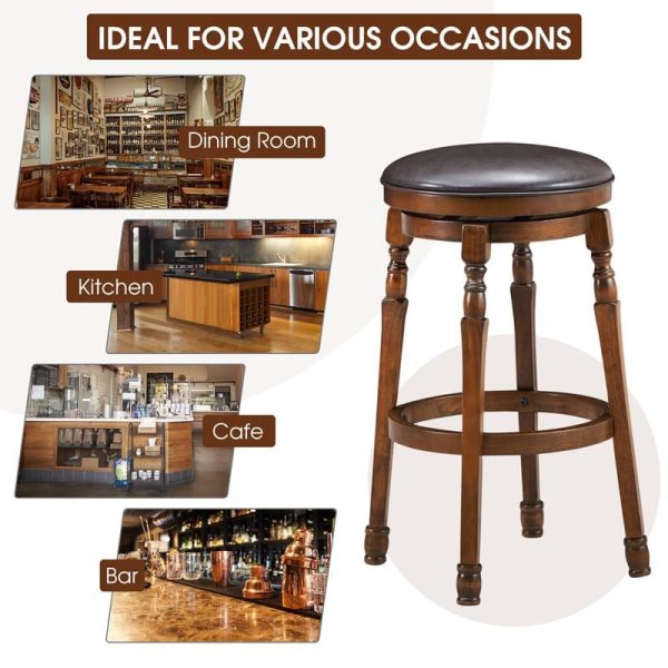2-Pack 29" Backless Swivel Bar Stools, Solid Wood Leather Counter Height Dining Chairs for Kitchen Pub Cafe