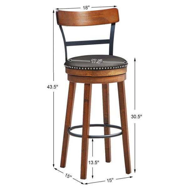 2-Pack 30.5" Wooden Swivel Bar Stools with Back & Leather Seat, Counter Height Pub Kitchen Dining Chairs