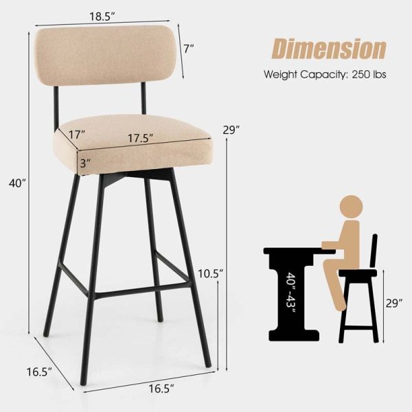2 Pcs 360?? Swivel Bar Stools 29" Upholstered Bar Height Dining Chairs with Back, Metal Legs & Footrests