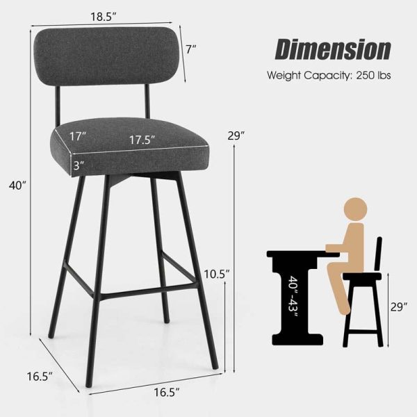 2 Pcs 360?? Swivel Bar Stools 29" Upholstered Bar Height Dining Chairs with Back, Metal Legs & Footrests