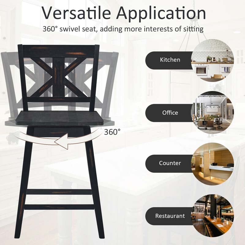 Eletriclife Set of 2 Swivel Counter Height Bar Stools with Solid Wood Legs