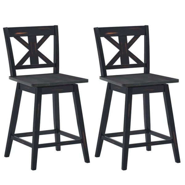 2-Pack Vintage 360?? Swivel Bar Stools, Rubber Wood Counter Height Chairs with Non-Slip Foot Pads