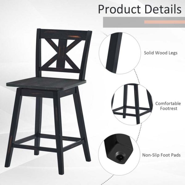 2-Pack Vintage 360?? Swivel Bar Stools, Rubber Wood Counter Height Chairs with Non-Slip Foot Pads