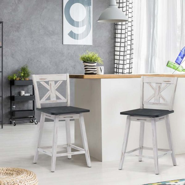 2-Pack Vintage 360?? Swivel Bar Stools, Rubber Wood Counter Height Chairs with Non-Slip Foot Pads