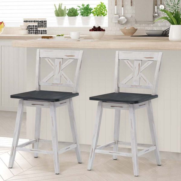 2-Pack Vintage 360?? Swivel Bar Stools, Rubber Wood Counter Height Chairs with Non-Slip Foot Pads
