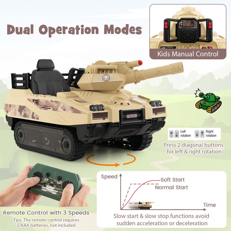 Eletriclife 12V Electric Kids Ride On Tank with Rotatable Turret and 8 Missiles