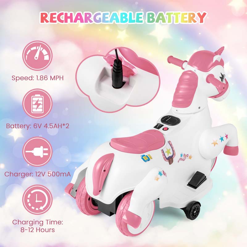 Eletriclife 12V Unicorn Ride on Toy with Training Wheels and Horse Riding Mode