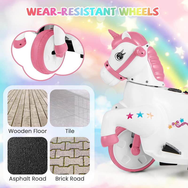 Eletriclife 12V Unicorn Ride on Toy with Training Wheels and Horse Riding Mode